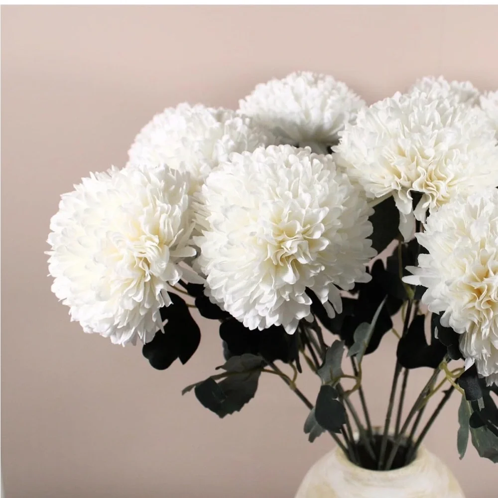 NIB Ryddelig Home Faux Chrysanthemums Large Kiku Florals,10 Stems,White,Silk